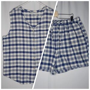 Relay 90s Shorts Top Set Womens 24W Plaid Sleeveless Button Drawstring Pocket